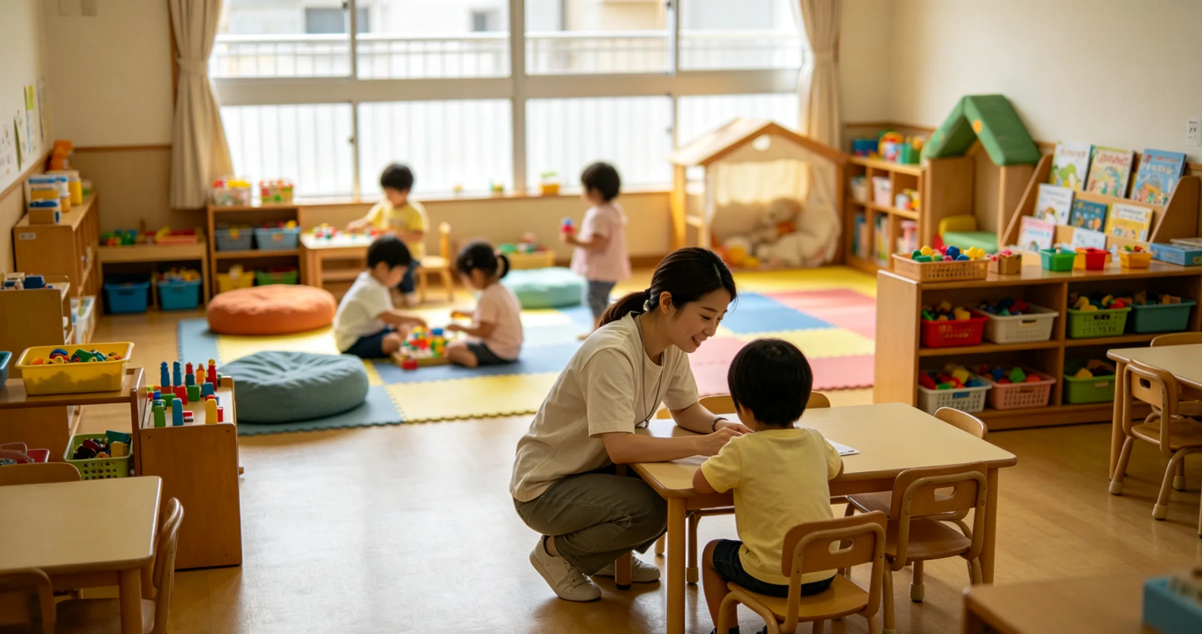 A teacher crouching to a child's height at a low table in a bright classroom